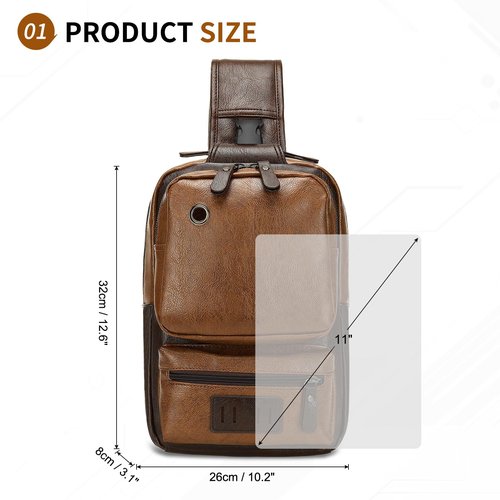SUIKIHUM Vintage PU Leather Sling Backpack for Men, Crossbody Bag, Adjustable Shoulder Strap (Light Brown)