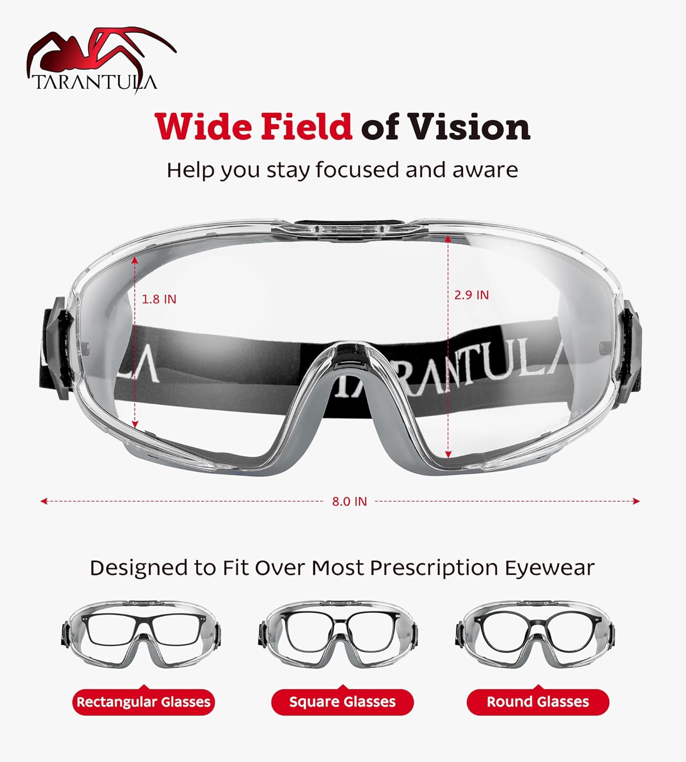 Tarantula Safety Goggles - ANSI Z87.1+ Over Glasses with Anti-Fog & Anti-Scratch Features | Adjustable Strap for Lab & Woodworking