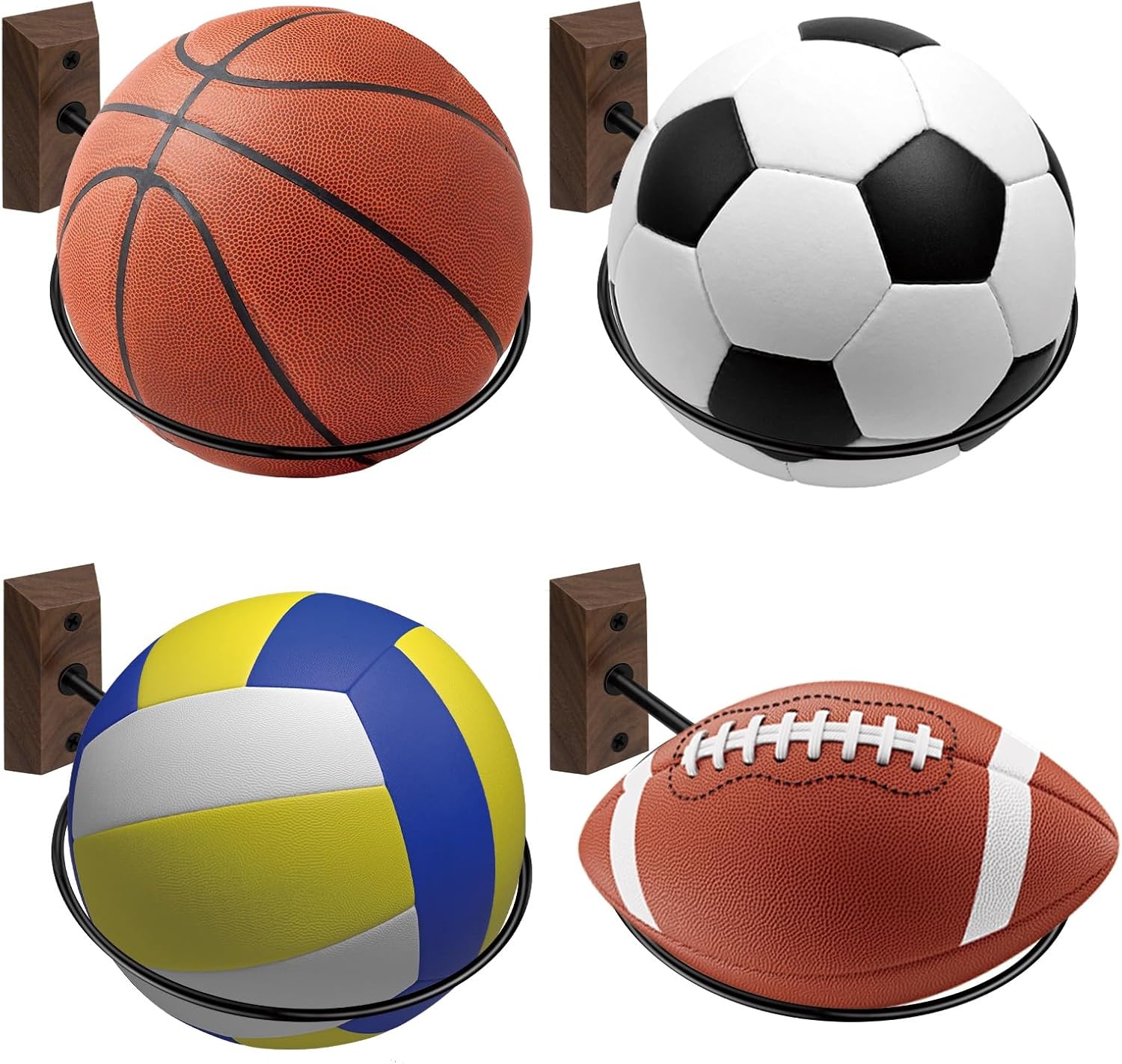 Skiennix Basketball Holder Wall Mount - 7-Inch Solid Black Walnut Base & Metal Ring | Sports Display Rack