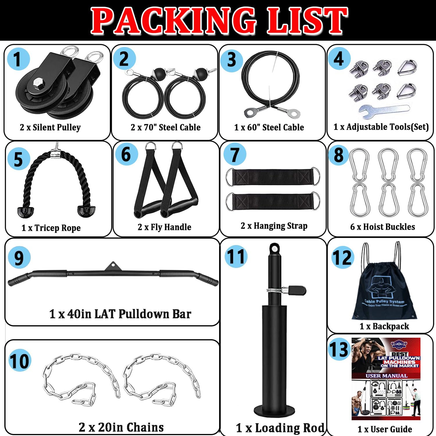 Taeku Fitness LAT and Lift Pulley System, Upgraded Weight Cable Pulley LAT Pull Down Machine Attachments Home Gym Training Equipment for Biceps Curl Triceps Forearm (2 Chains + 102cm Bar)
