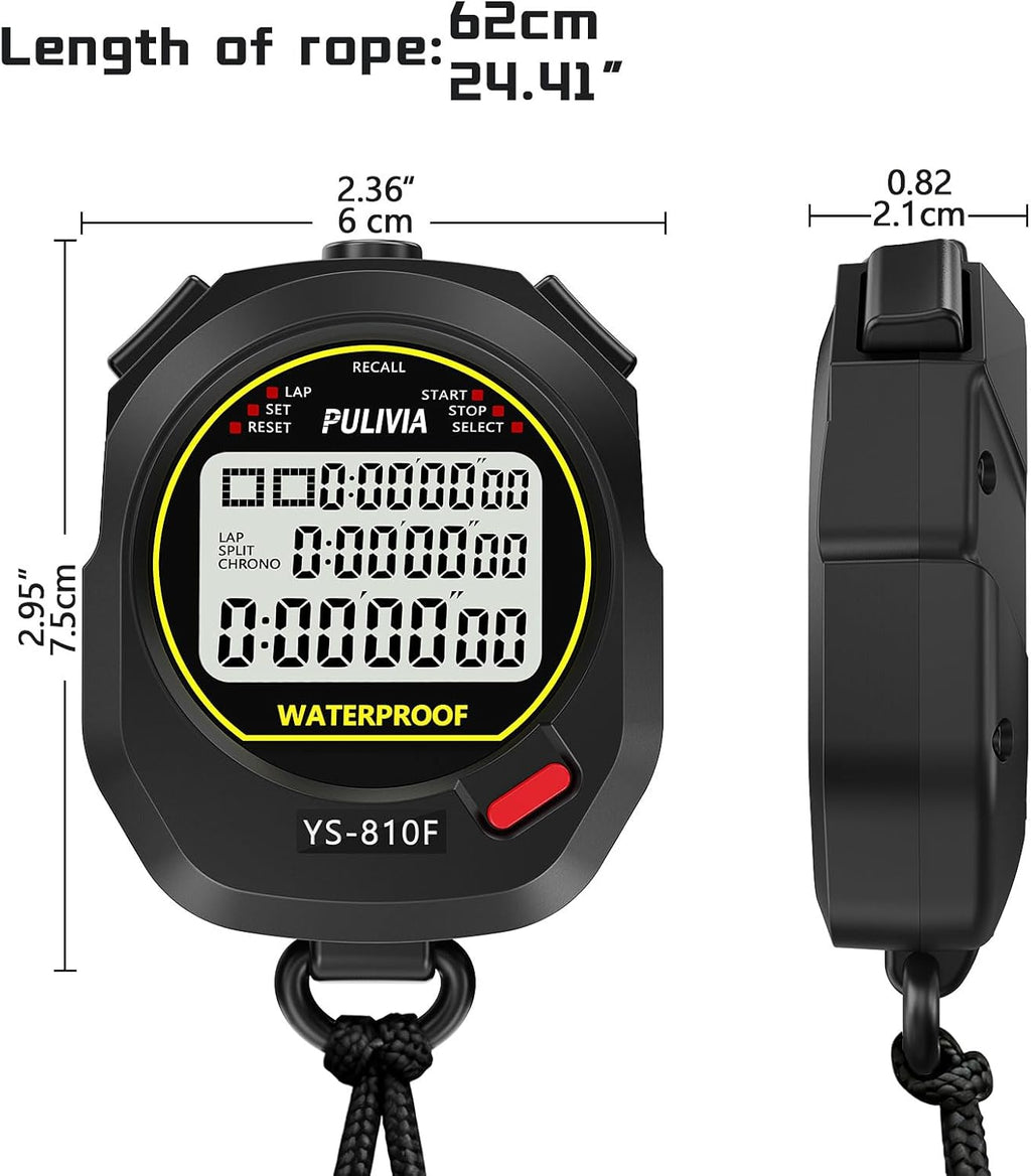 Waterproof Stopwatch - Digital Timer with 10 Lap Split Memory for Sports Activities
