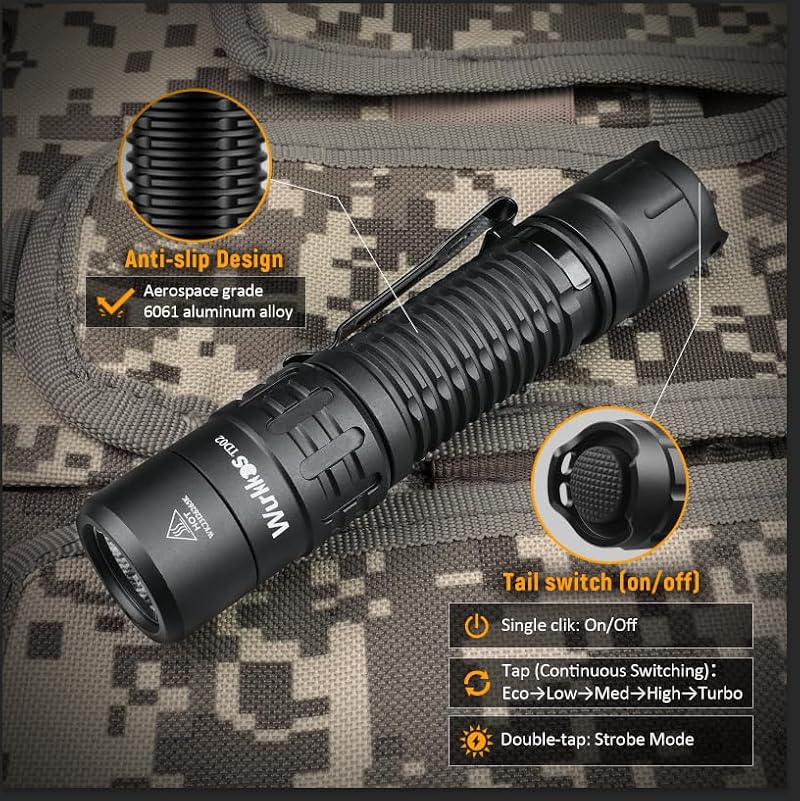 Wurkkos TD02 Black LED Tactical Flashlight 2000 Lumens Rechargeable