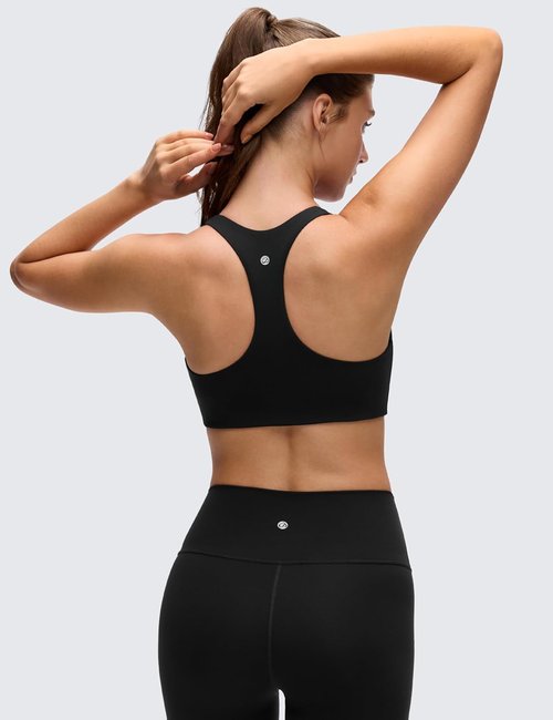 CRZ YOGA Butterluxe Racerback Sports Bra - Supportive V Neck Padded Wireless Crop Top for Women