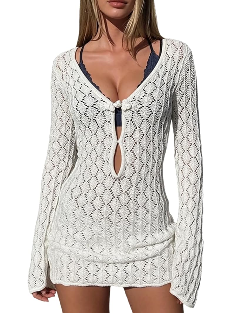 MakeMeChic Crochet Beach Cover Up Dress for Swimwear - White, Small
