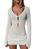 MakeMeChic Crochet Beach Cover Up Dress for Swimwear - White, Small