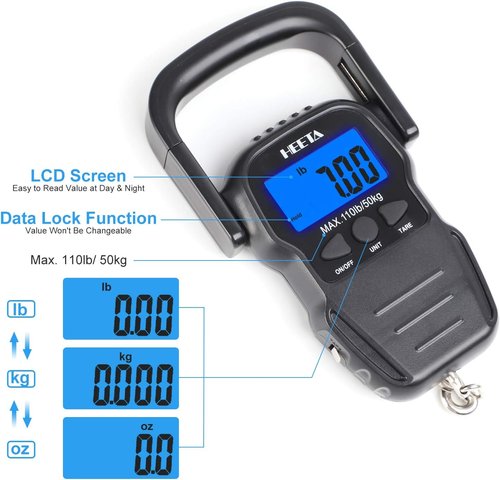 HEETA Digital Fish Scale - Backlit LCD Display, 110lb Capacity, Hook & Measuring Tape Included