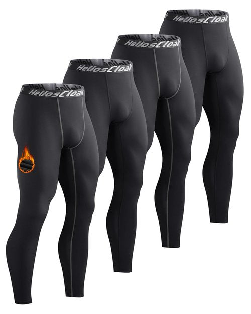 HeliosCloak 4 Pack Men's Thermal Compression Pants Fleece Lined Sports Tights Leggings Winter Athletic Baselayer Bottoms 4Black L