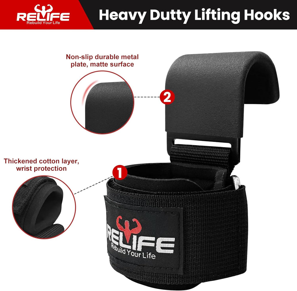 RELIFE Lifting Hooks for Men & Women - Heavy-Duty Pull Up Straps & Wrist Grips for Powerlifting