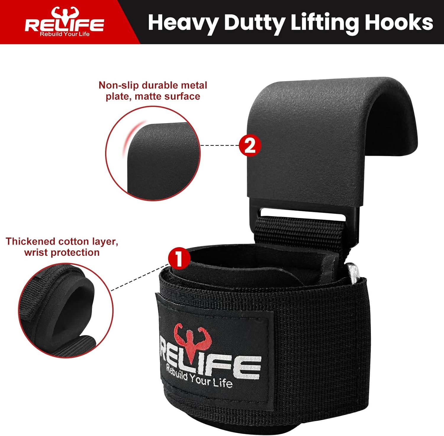 RELIFE Lifting Hooks for Men & Women - Heavy-Duty Pull Up Straps & Wrist Grips for Powerlifting