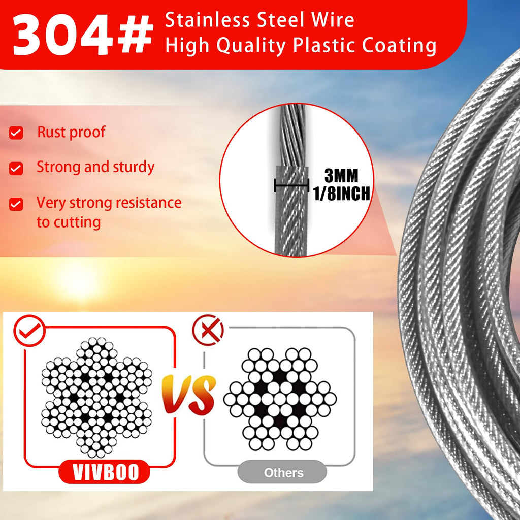 VIVBOO 4FT/6FT/10FT/15FT Cable Locks with Combination 1/8 inch Security Cable with Loops for Fence Luggage Gym Locker Cabinet