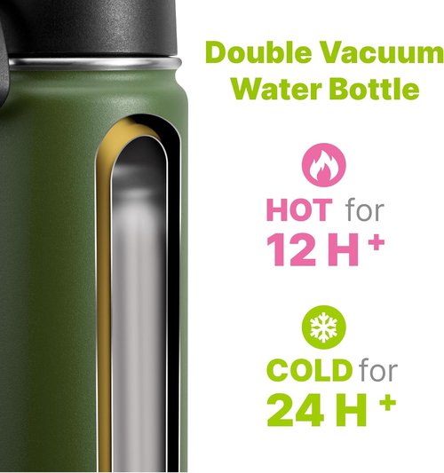 12 oz Water Bottle for Kids-Small Insulated Water Bottle with Straw-Stainless Steel Double Wall Vacuum Sports Water Bottle for School (Grass Green)