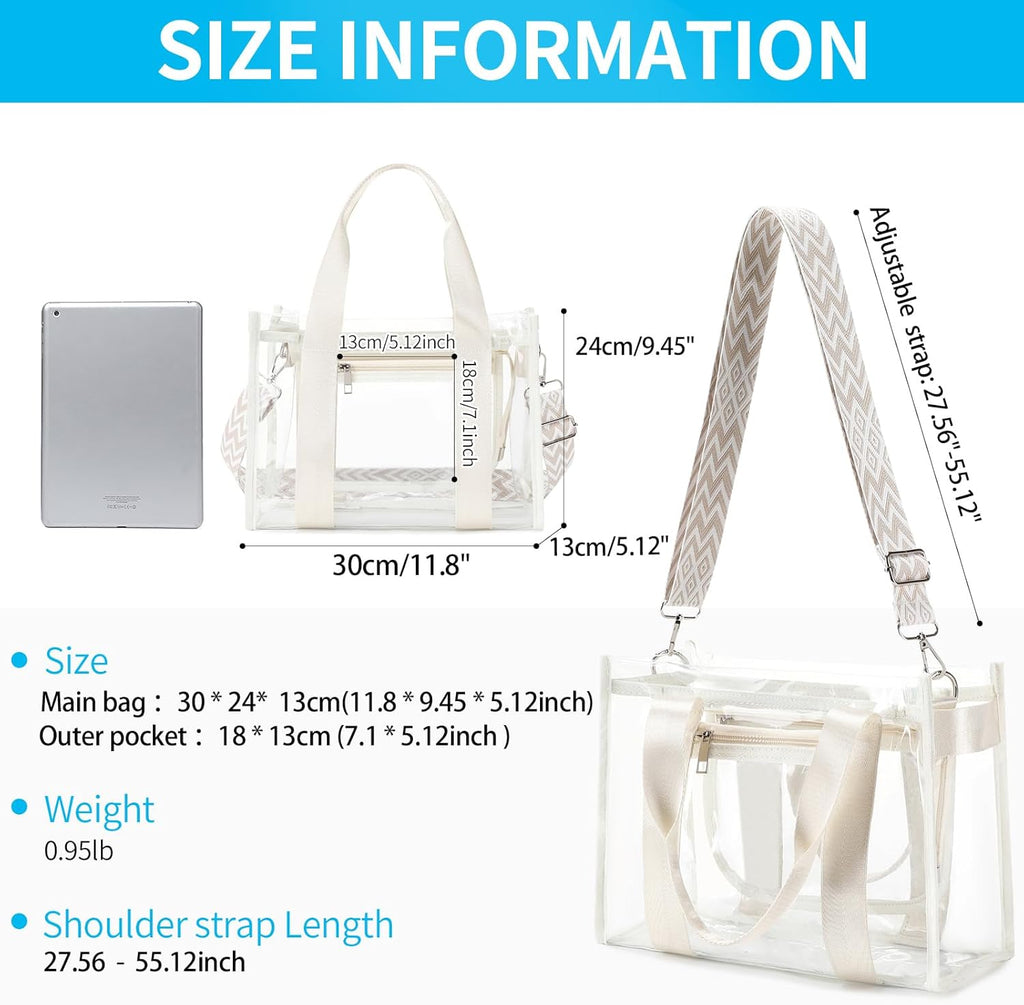 Skiennix Clear Stadium Bag - Large Transparent Tote with Inner & Outer Zip Pockets | Ideal for Sports, Concerts, Beach