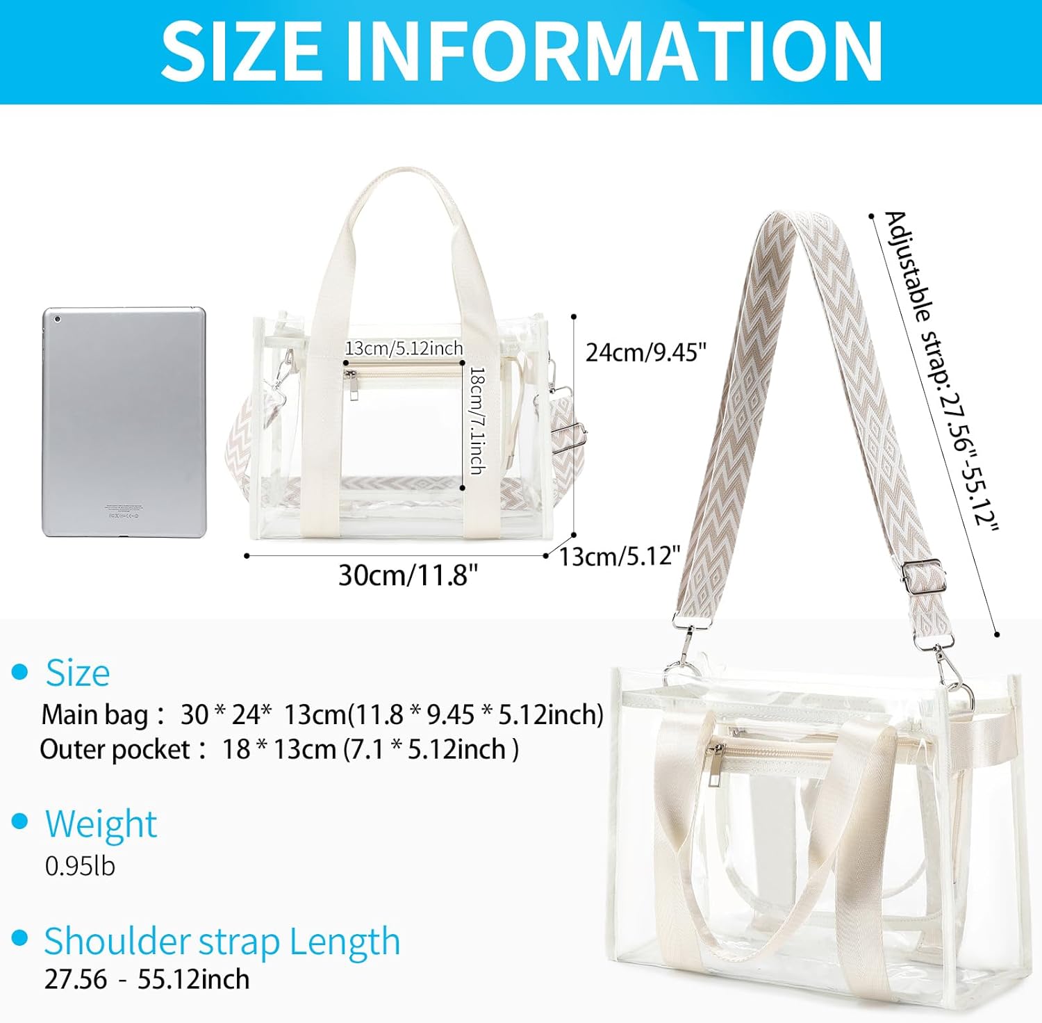 Skiennix Clear Stadium Bag - Large Transparent Tote with Inner & Outer Zip Pockets | Ideal for Sports, Concerts, Beach