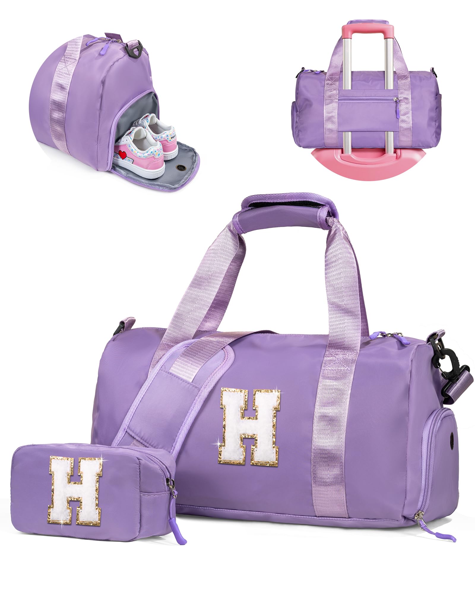 Vogewood Customized Gifts for Daughter -Girl Gym Bag with Shoe Compartment, Kid Personalized Weekender Overnight Bags, Initial Travel Tote with Makeup Pouch, Sweet Girls Gift for Niece (Letter H)
