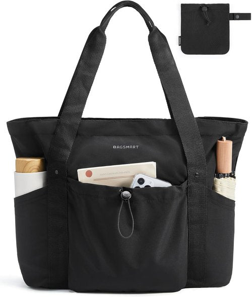 BAGSMART Foldable Tote Bag - Large Shoulder Handbag with Drawstring for Travel, Work & Gym