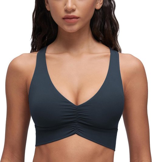 CRZ YOGA Butterluxe Longline Sports Bra - V Neck Padded Yoga Tank with Wide Straps & Cross Back