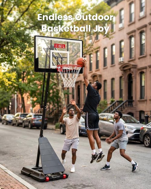 IGL Portable Basketball Hoop - Height Adjustable 5.5-10 FT | 40/44/48 Inch PC Backboard, Stable Design for Kids & Family