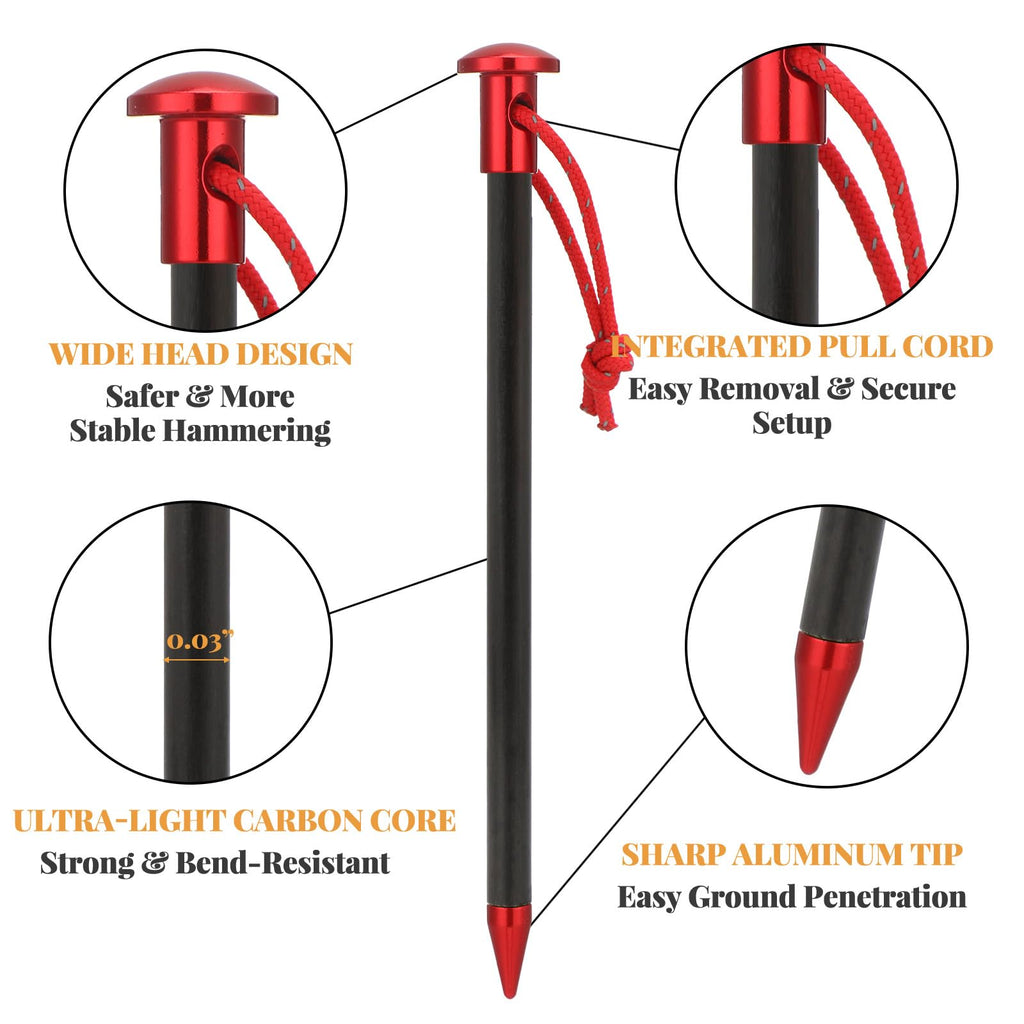 CraftyDream 6 Pack Carbon Core Tent Stakes 6 Inch Ultralight Carbon Camping Stakes with Aluminum Shell Tent Pegs with Nylon Cord for Backpacking Hiking (Red)