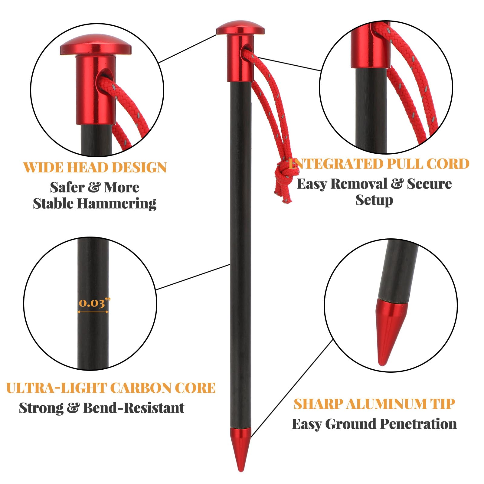 CraftyDream 6 Pack Carbon Core Tent Stakes 6 Inch Ultralight Carbon Camping Stakes with Aluminum Shell Tent Pegs with Nylon Cord for Backpacking Hiking (Red)