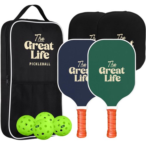 The Great Life Pickleball Paddle Premium Set | 2 Carbon Fiber Paddles & 4 Balls | Sport Bag & Paddle Cover Included | Beginner Friendly | 6in. Handle | Honeycomb Core | Lightweight | Retro & Stylish