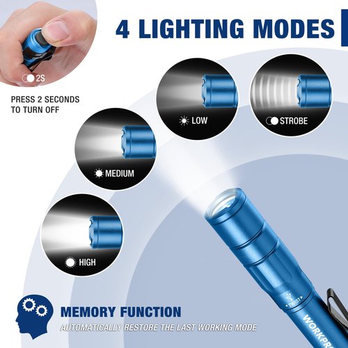 WORKPRO Rechargeable Pen Light, Mini Flashlight, 2 Pack Ultra-Compact EDC Flashlight, Pocket Flashlight with Clip, Memory Function and 2 x USB C Cable Included, Blue