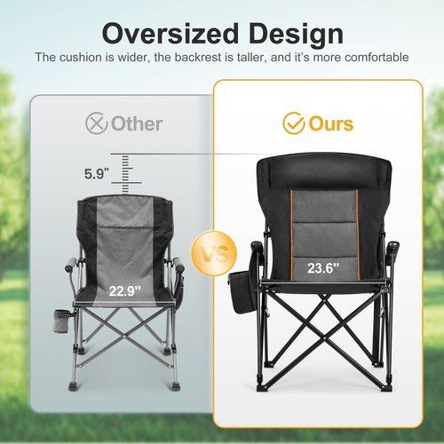 LET'S CAMP Oversized Camping Chairs 29.52" High Back Heavy Duty Lawn Chair Support 500LBS, Portable Collapsible Chair with Cup Holder, Side Pocket(Black)