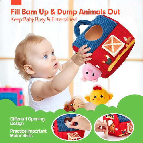 Hahaland Baby Toys - Surprise Barn Stuffed Farm Animals | Rattle, Crinkle & Mirror for 6-12 Months
