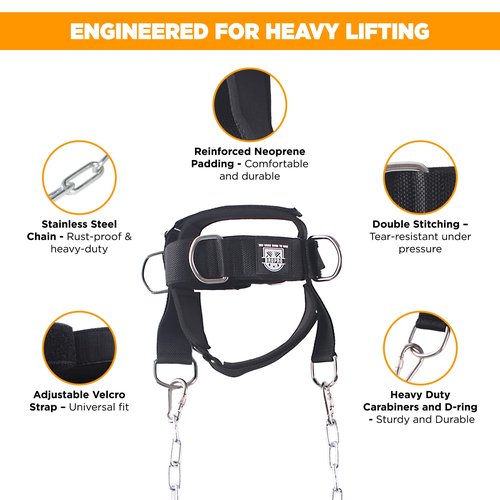 Neck Strap with Chain for Weightlifting, Nylon & Neoprene Workout Equipment, Adjustable Weight Training Strap, Gym Neck Support Strap, Heavy Duty Weightlifting Accessories for Strength Training.