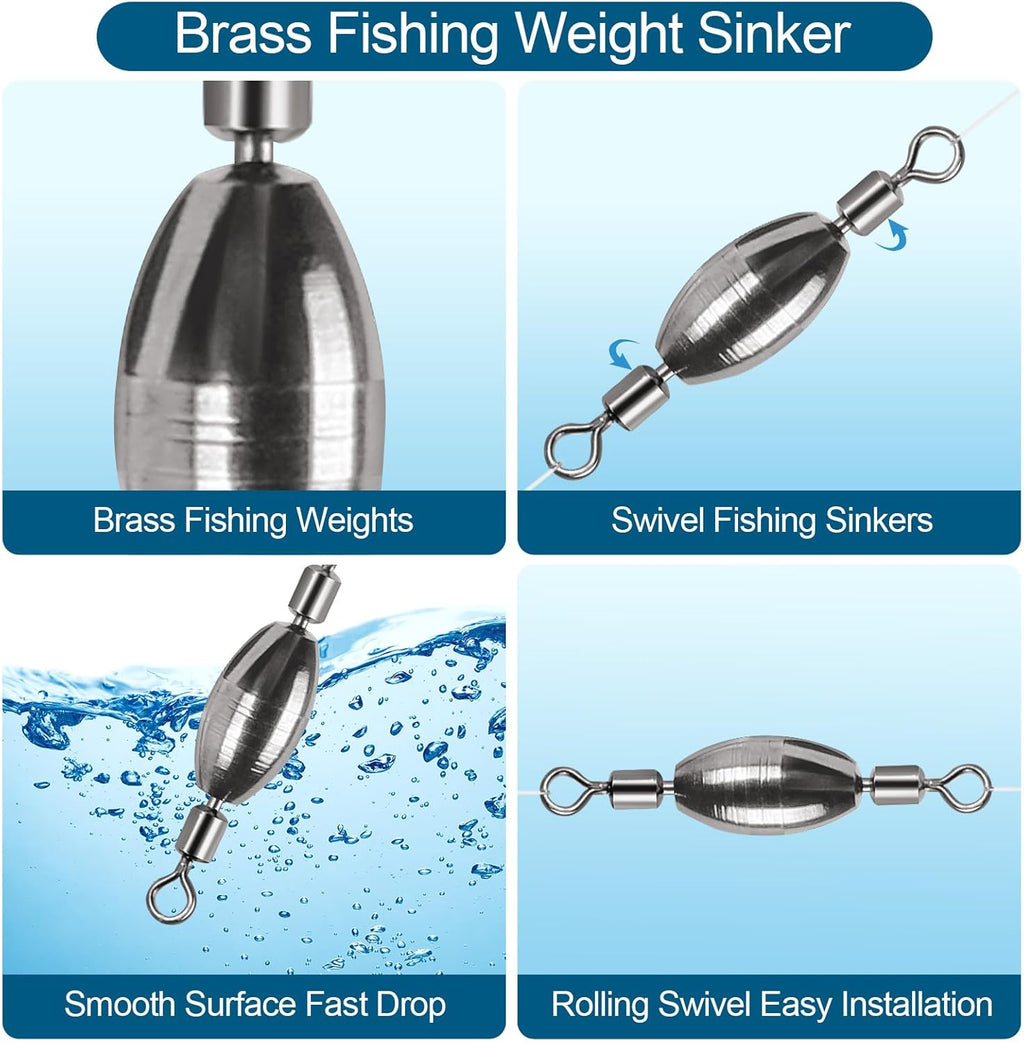 Skiennix 34Pcs Fishing Weights Kit - Brass Sinkers & Rolling Swivels for Saltwater & Freshwater