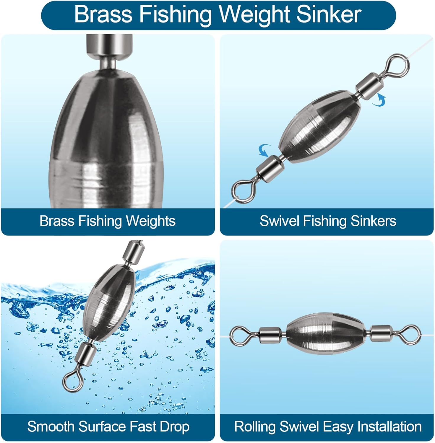 Skiennix 34Pcs Fishing Weights Kit - Brass Sinkers & Rolling Swivels for Saltwater & Freshwater