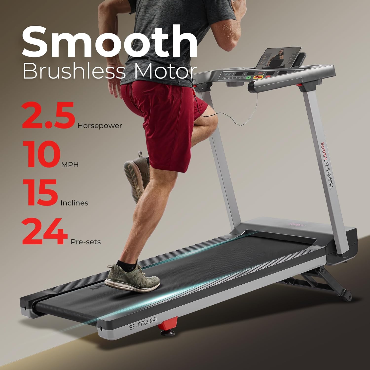 Sunny Health & Fitness Treadmill - Smart Auto Incline, Foldable Design, 15 Levels, 20" Shock Absorption Belt