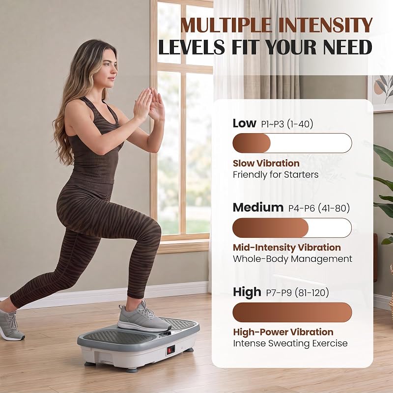 Soft Grey Vibration Plate Exercise Machine – Full Body Workout, 120 Speeds & 9 Programs