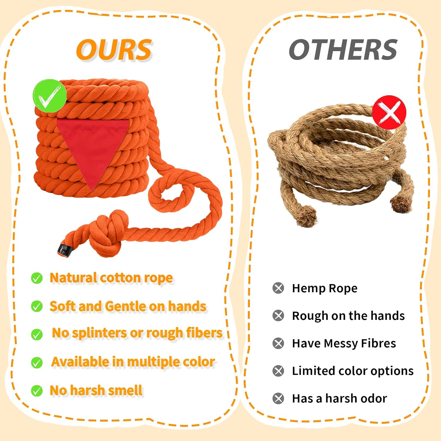 Skiennix Tug of War Rope - 20ft Soft Cotton Outdoor Pulling Rope with Flag for Family Fun | Orange