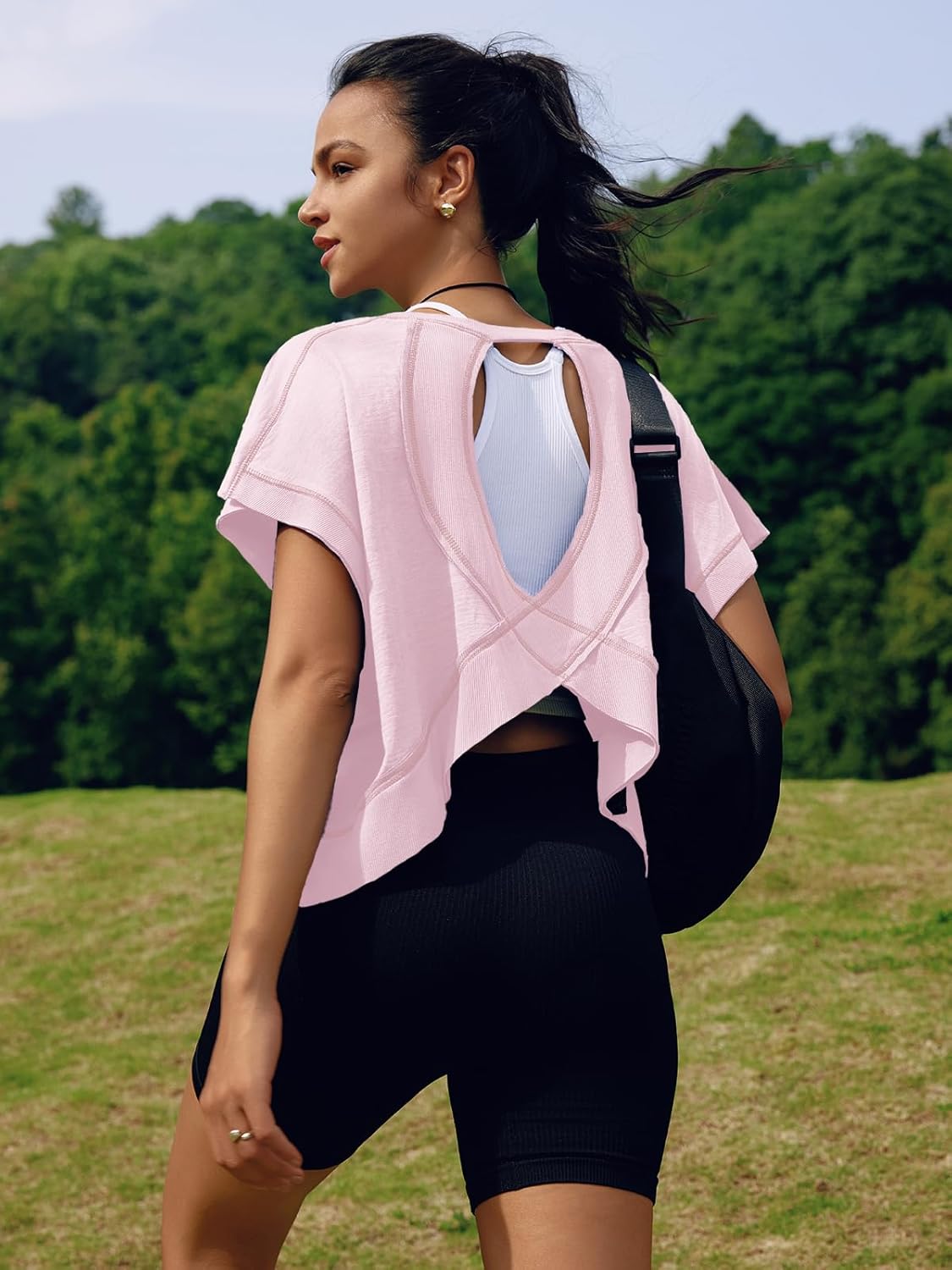 SENSERISE Women's Backless Workout Top - Short Sleeve Athletic Crop Shirt for Gym & Yoga