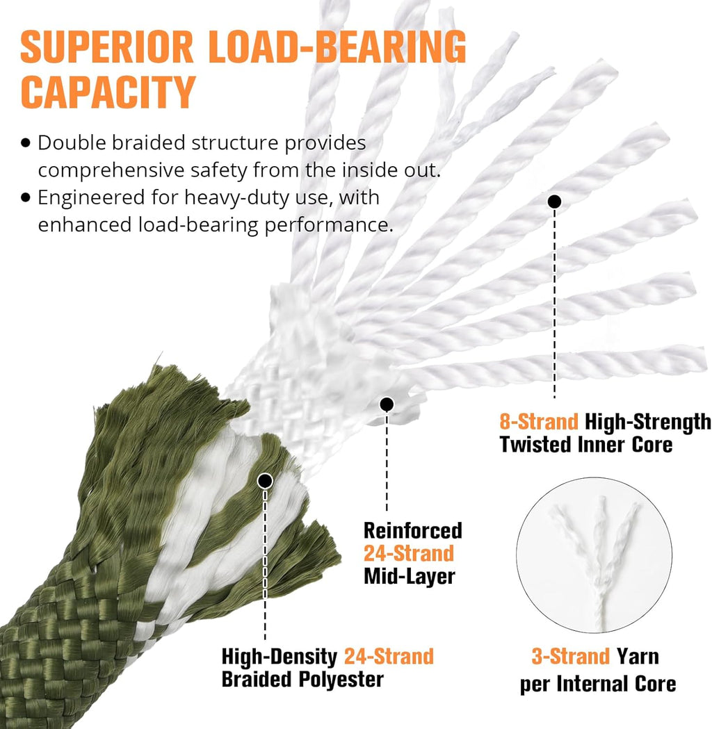Skiennix Double Braided Arborist Rigging Rope - 1/2" x 150 ft Heavy Duty Polyester for Tree Work & Camping - Army Green