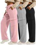 Velvelhall 3 Pack Women's Cargo Sweatpants Wide Leg Baggy Elastic Drawstring Pants Casual Athletic Joggers with 4 Pockets(Pink, Light Mixed Gray, Black,Large)