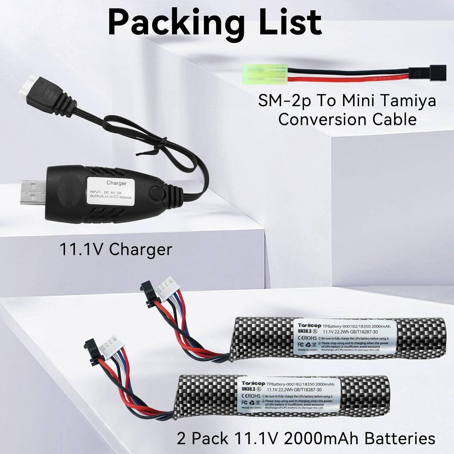 11.1V Battery Gel Blaster - High-Capacity 2000mAh Airsoft Battery with Charger & Mini Tamiya Connector