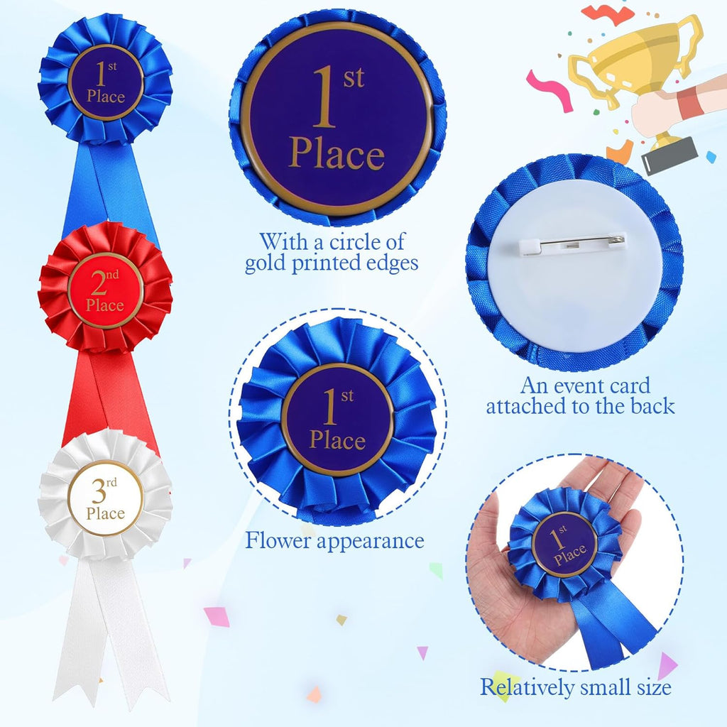 Regine Switzerland 3 Pack Award Ribbons - 1st, 2nd, 3rd Place Prize Ribbons in Blue, Red, White for Competitions & Events