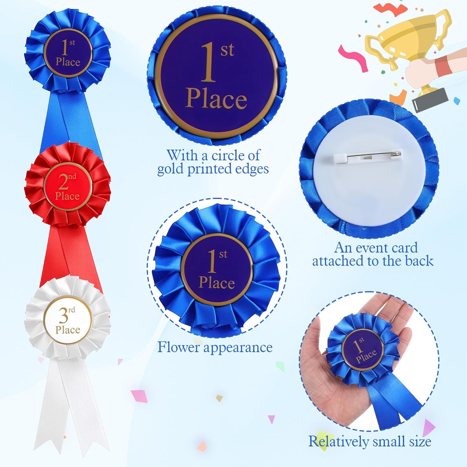 Regine Switzerland 3 Pack Award Ribbons - 1st, 2nd, 3rd Place Prize Ribbons in Blue, Red, White for Competitions & Events