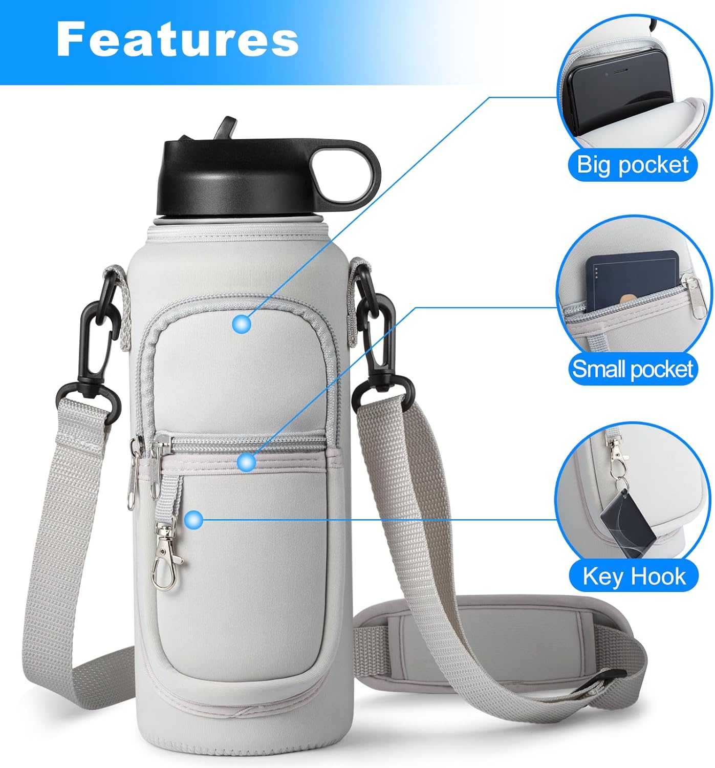 Regine Switzerland Water Bottle Holder - Strap Carrier Sling Bag with Phone Pocket for Hydroflask 32oz/40oz