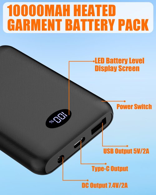7.4V2A 10000mAh Battery Pack for Heated Vest Jacket Coat Pants and Heating Underwear, Heated Clothing Replacement Battery Pack