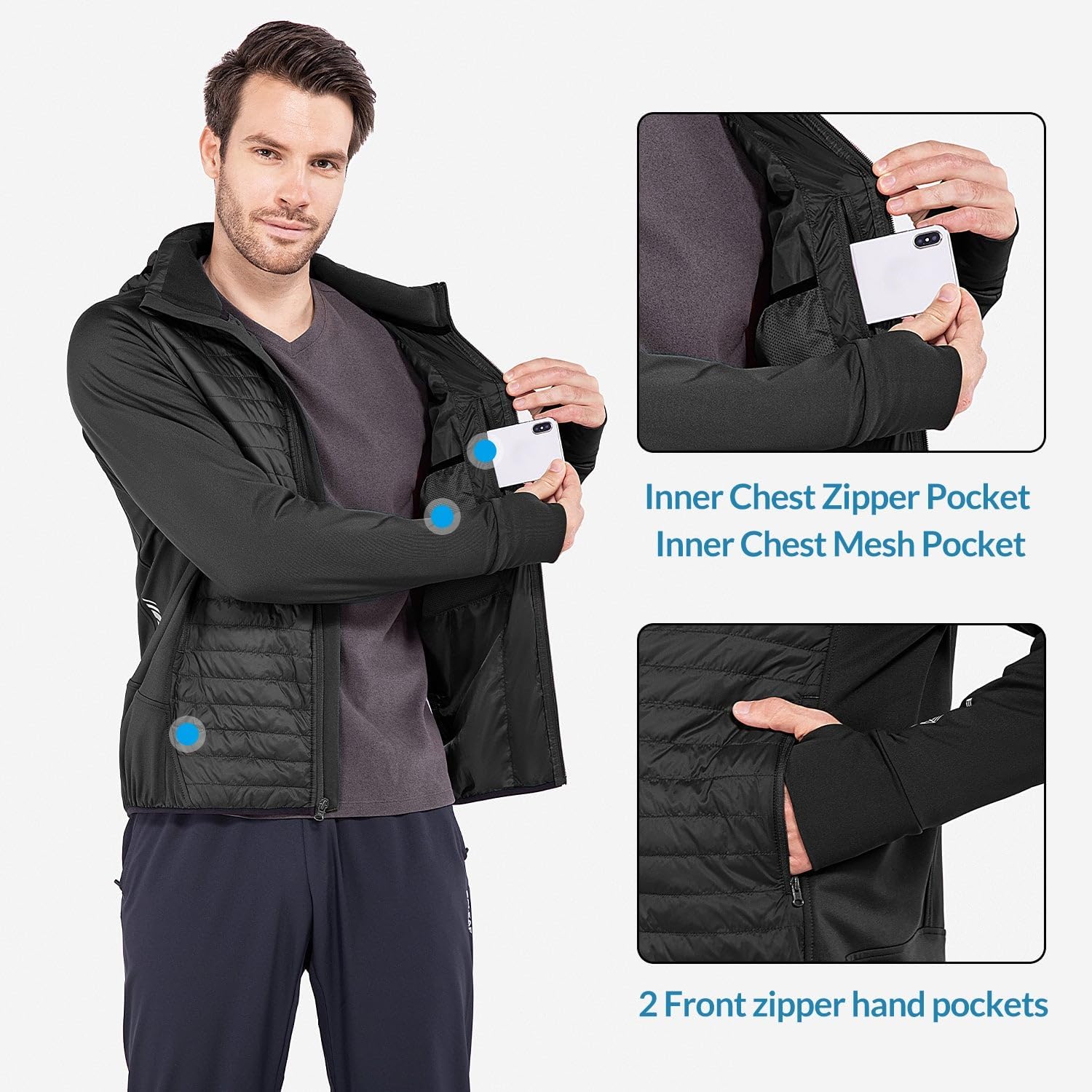 Baleaf Men's Lightweight Running Jacket - Warm Puffer Hybrid Coat for Hiking & Golf | Insulated Design