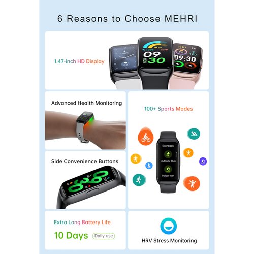MEHRI Fitness Tracker - Smart Watch with 24/7 Heart Rate, Blood Pressure & Oxygen, Sleep & Stress Monitoring, IP68 Waterproof, Activity Tracker, Step Count, Calories, Distance & More (Pink)