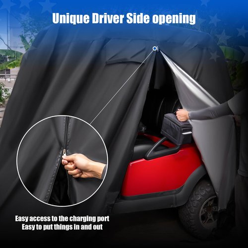 NOKINS Golf Cart Cover, 420D Waterproof Oxford Fabric Cover Fit for EZGO, Club Car Most Standard Golf Cart 2+2 Seater, Heavy-Duty Windproof Sunproof with Double Zipper Doors&Anti-Slip Straps, Black