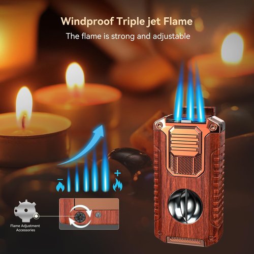 All-in-One Triple Torch Lighter with Built-in V Cutter, Holder, Punch, and Draw Enhancer Tool, Winproof Adjustable Triple Jet Flame Lighter, Refillable Lighter Gift for Men (Mahogany)