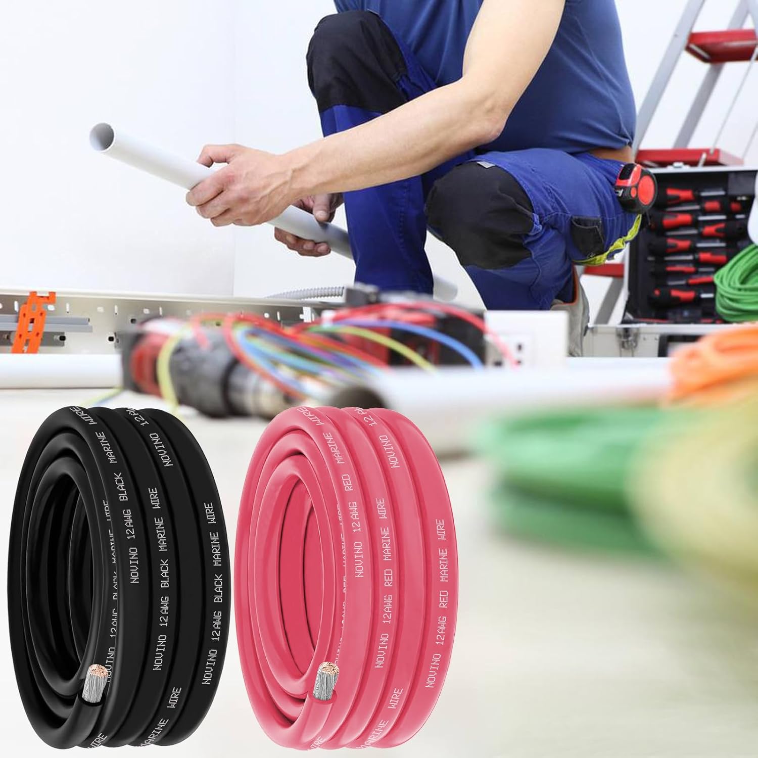 12 Gauge Marine Wire - Tinned Copper Electrical Cable for Boat & Automotive | 15FT Red & 15FT Black