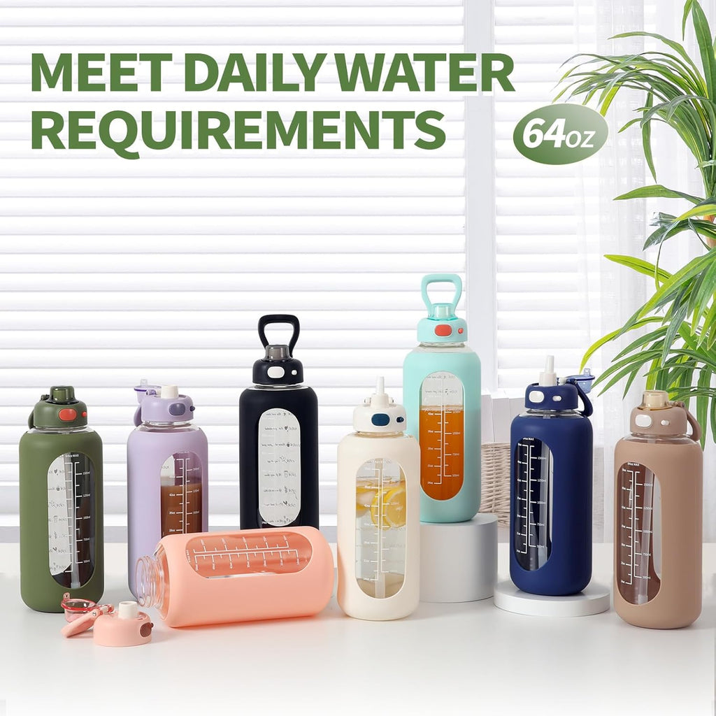 SIEROZUR 32 oz Glass Water Bottle - Durable with Straw, Handle & Silicone Sleeve | Time Marker for Gym & Travel