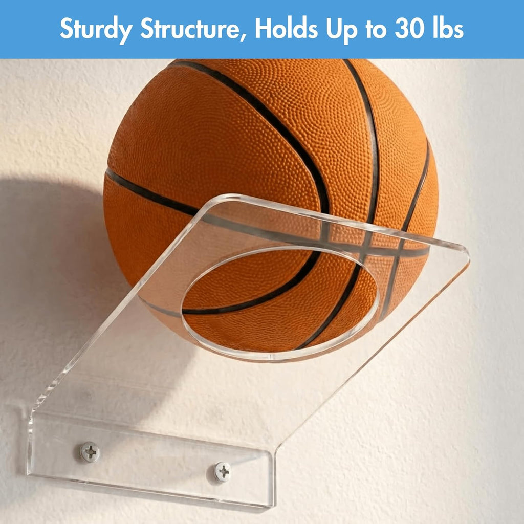 Youeon 8 Pcs Clear Acrylic Basketball Holder - Wall Mount Display Rack for Sports Balls | 3.5 Inch Round Hole