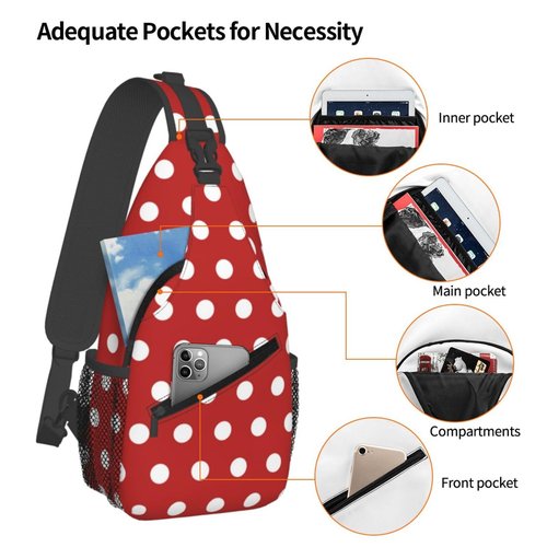 LOSTORCHI Polka Dots Crossbody Sling Bags for Women Men Abstract White Small Circle Dot on Red Background Travel Sling Backpack Casual Shoulder Bag Dice Design Dot Pattern Gym Sports Hiking Daypack