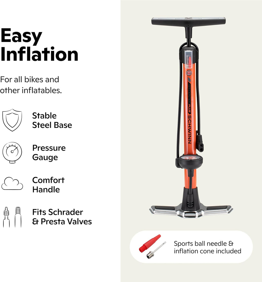 Schwinn Air Center Series Floor Pump - Dual Head for Schrader & Presta Valves | 100-160 PSI, Soft Grip Handle